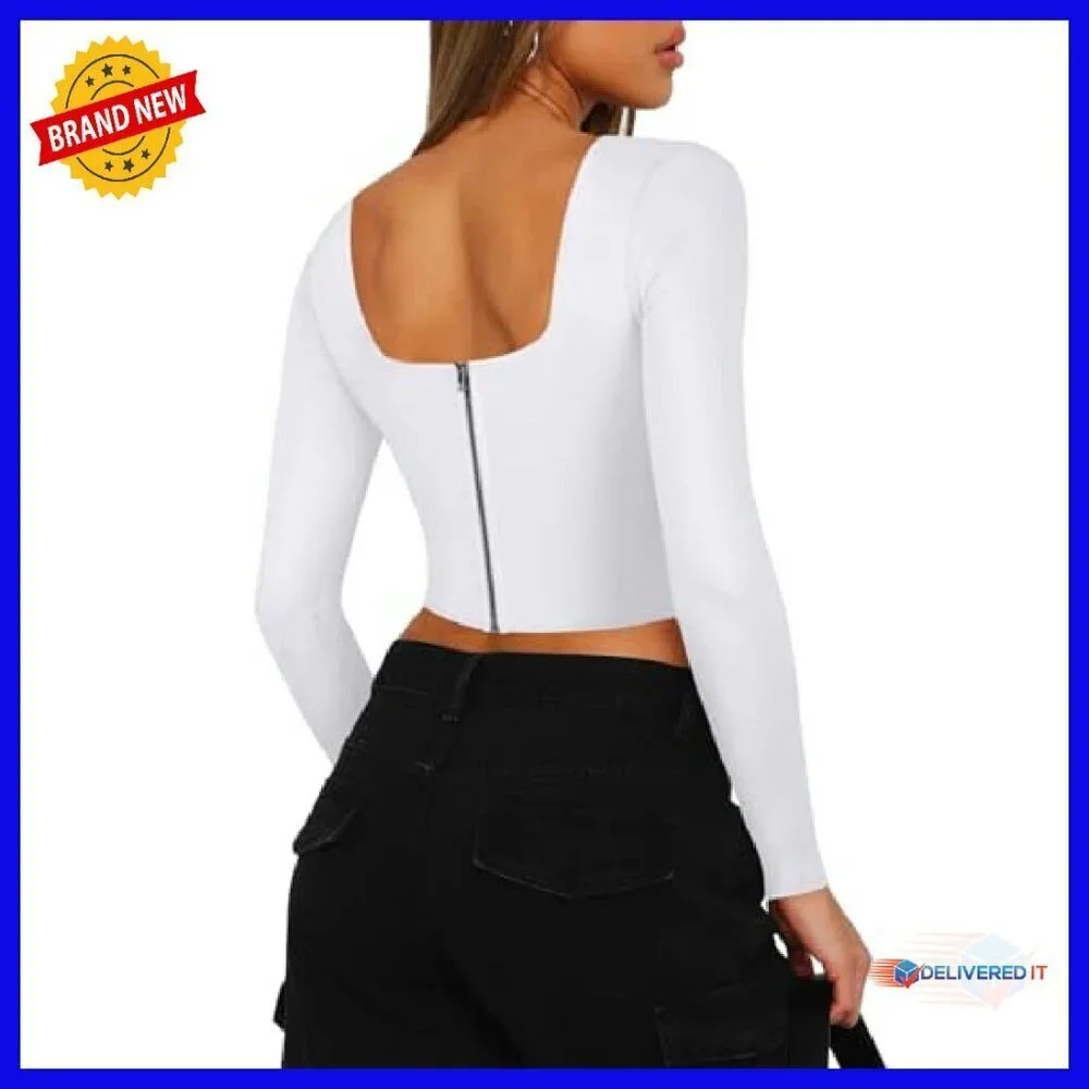 Long Sleeve Square Neck Backless Corset Crop Top Y2K Going Out